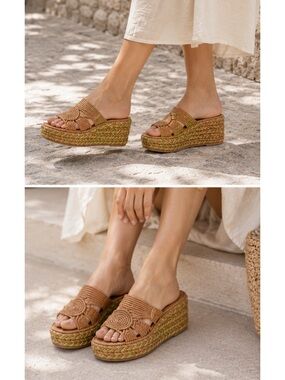 NWT Carrie Forbes Cello Raffia Wedge Sandals In Cognac Brown Size 8